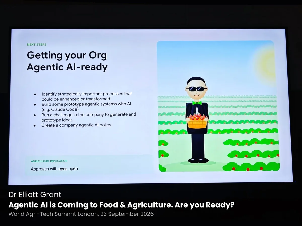 A screen showing a slide titled Getting your Org Agentic AI-ready, with a checklist beside a cartoon farmer in sunglasses standing in a green field, captioned Dr Elliott Grant, Agentic AI is Coming to Food and Agriculture, Are you Ready?