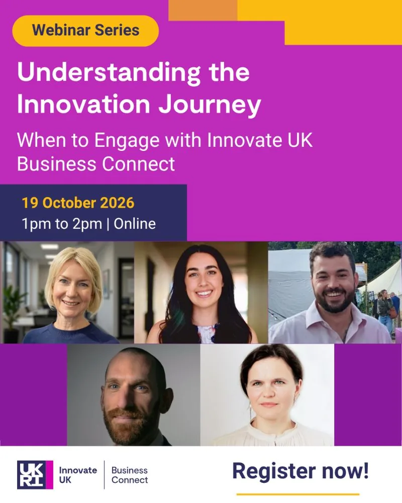 Webinar poster from Innovate UK Business Connect: Webinar Series, Understanding the Innovation Journey, When to Engage with Innovate UK Business Connect, 19 October 2026, 1pm to 2pm, online, with photos of five speakers, Dr. Maryna Kuzmenko among them, and Register now.