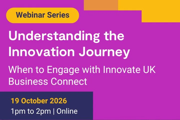 Webinar poster title: Webinar Series, Understanding the Innovation Journey, When to Engage with Innovate UK Business Connect, 19 October 2026, 1pm to 2pm, online.